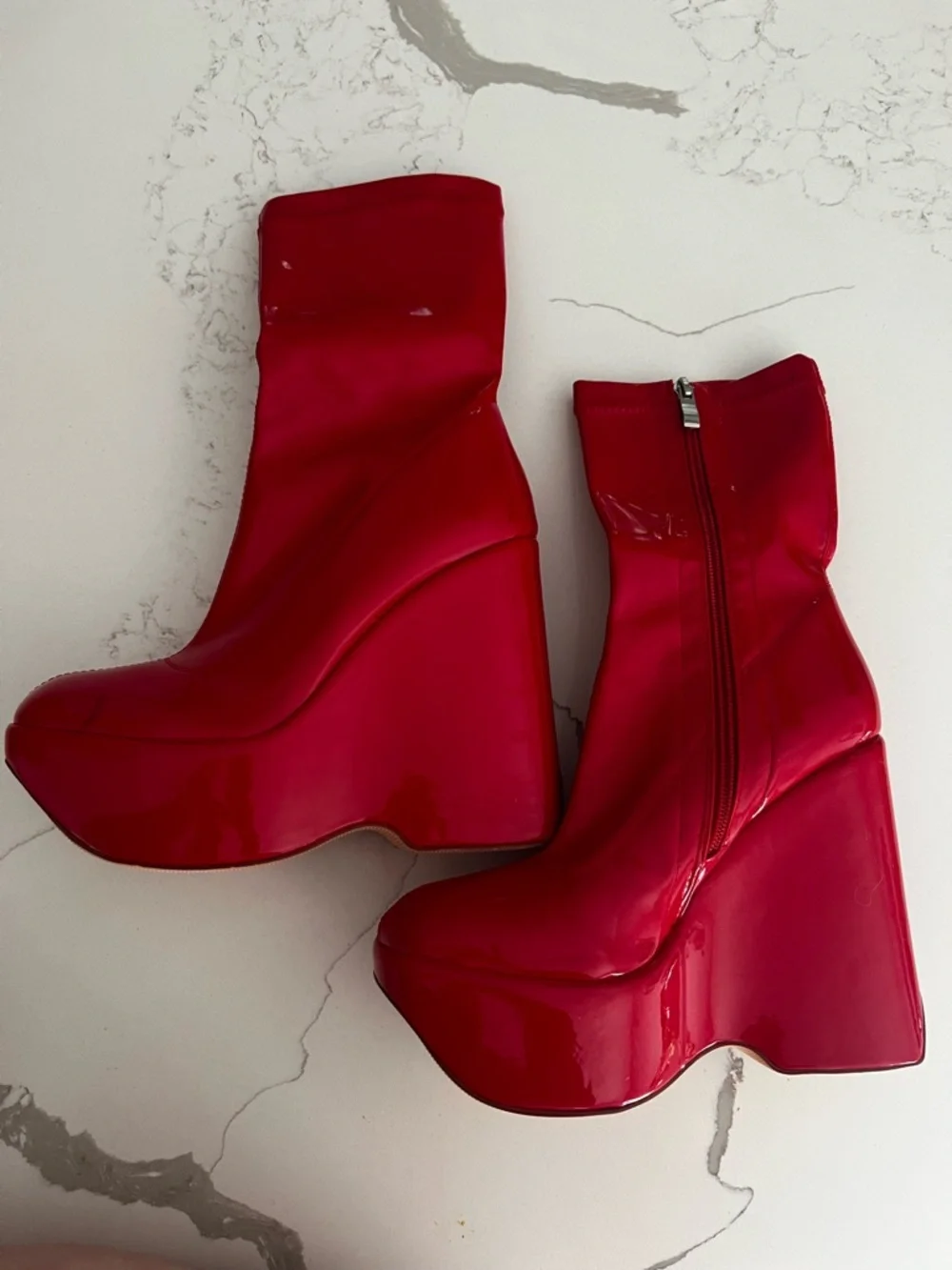 Bold Red Patent Platform Wedge Ankle Boots